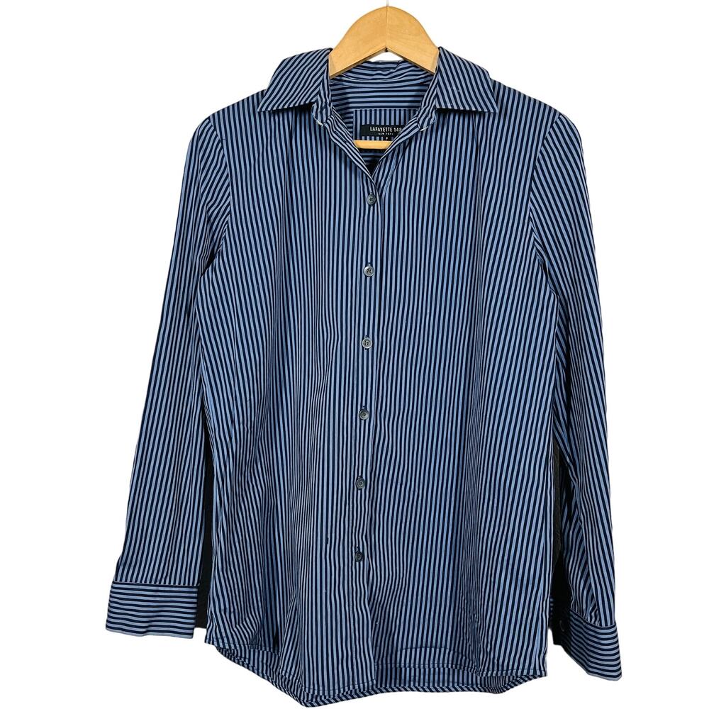 Lafayette 148 Stripe Button Up Shirt Long Sleeve Career Casual Blue - S